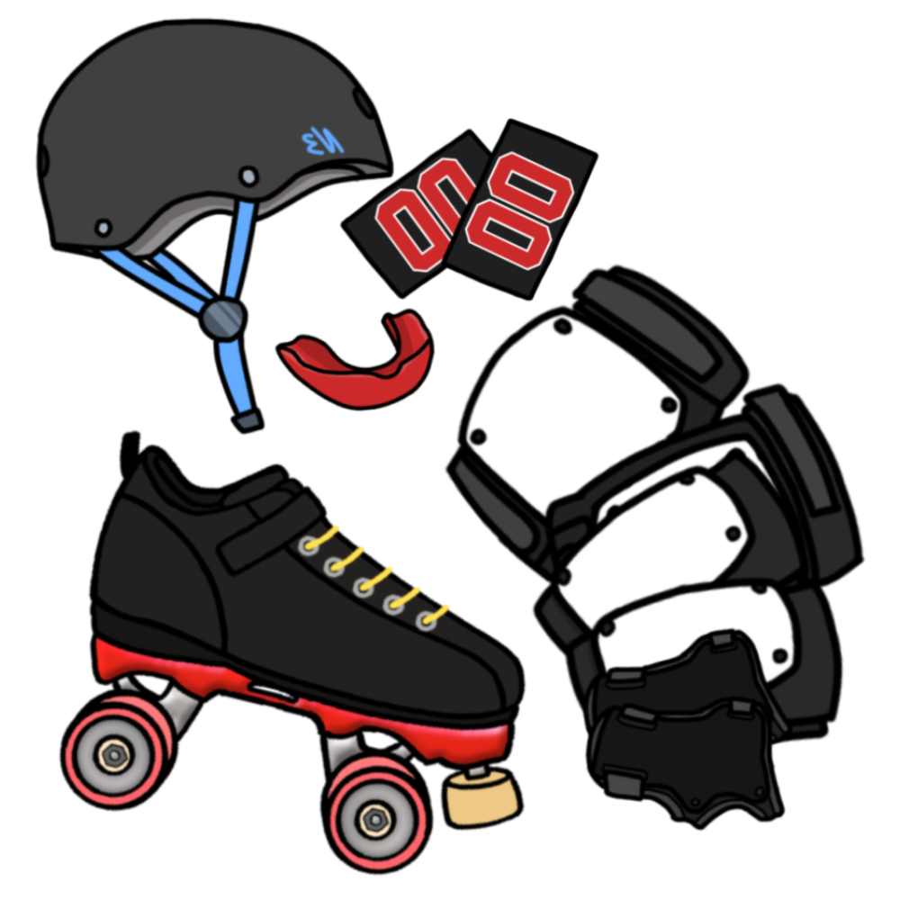 A collection of gear including a grey helmet with blue chin strap, a red mouth guard, 2 black arm bands numbered 00, 1 black quad skates with red wheels, 2 black knee pads with white plastic caps, 2 black elbow pads with white plastic caps, and 2 black wrist guards.